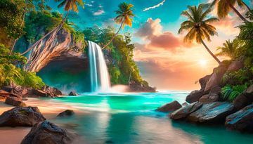 Island with waterfall and sea by Mustafa Kurnaz