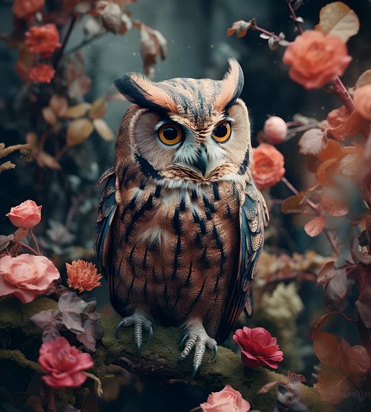 Hibou avec des fleurs 02 par Ellen Reografie