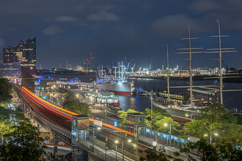 The Port of Hamburg, seen from the Stintfang, at twilight