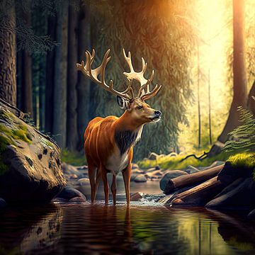 Hirsche im Waldbach von Digital Art Nederland