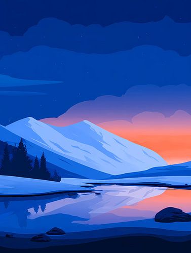 Fantasiebos met gloeiende bomen en sneeuwvlokken,