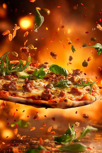 Vliegende pizza met verse ingrediënten