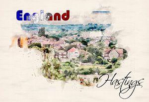 Hastings Blick auf das Stadtzentrum im Aquarell-Stil,