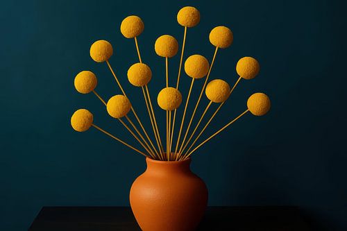 Oranje vaas met bolvormige bloemen