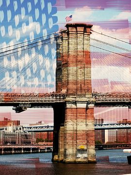 Brooklyn Bridge met de Stars and Stripes van Adriana Zoon
