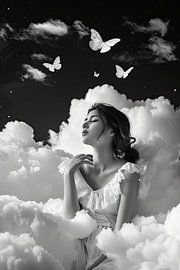 woman with butterflies in the clouds