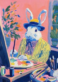 Osterhase beim Malen – Verspielte Ölmalerei von Niklas Maximilian