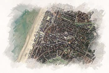 Zandvoort vanuit de lucht in aquarel stijl