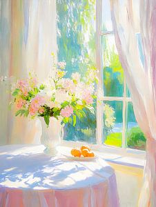 Blumen und Zitrusfrüchte auf dem Tisch