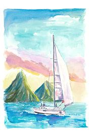 Vue du Gros Piton et du Petit Piton depuis la mer au coucher du soleil