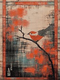 Japanese robin on a branch in Japanese style by Studio Pieternel