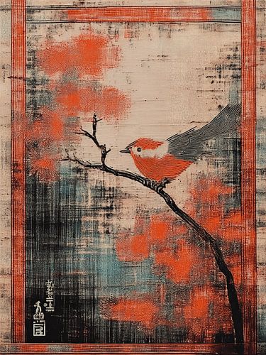 Rouge-gorge japonais sur une branche, dans un style japonais