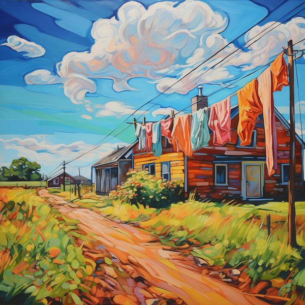 Dorpsstraat Houten huis Waslijn Wasserij Zon Wolken van gm_designs