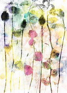Laternen, Mohnblumen mit gemischten Medien.