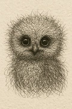 Draad portret baby uil (schattig zacht pluizig grote ogen snavel natuur vogelliefhebbers tekening) van Natalie Bruns