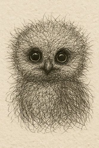 Draad portret baby uil (schattig zacht pluizig grote ogen snavel natuur vogelliefhebbers tekening)