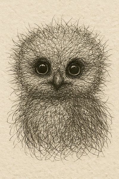 Draht Porträt Baby Eule (niedlich weich flauschig große Augen Schnabel Natur Vogelliebhaber Zeichnung) von Natalie Bruns