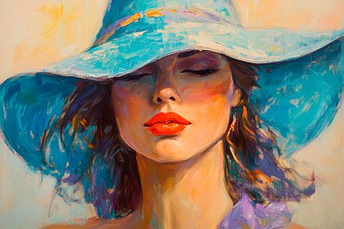 Woman with elegant hat and red lipstick