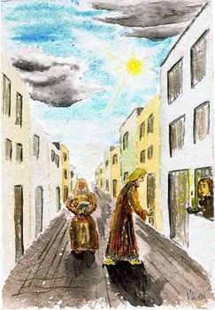 Maria en Jozef - Kerstmis - Aquarel geschilderd door VK (Veit Kessler) 1981