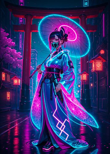 Cyberpunk Style Anime Kimono Girl Torii Gate Japan