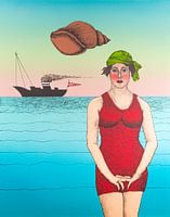 Frau im roten Badeanzug am Meer
