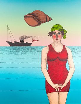 Frau im roten Badeanzug am Meer