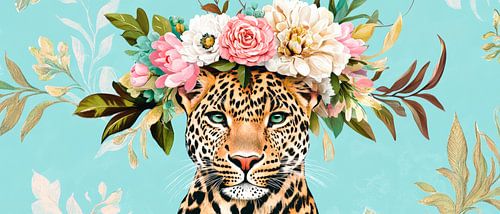 Portret van een luipaard met een bloemenkrans