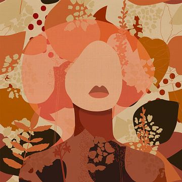 70s Retro portret in terracotta en oranje vintage bloemenpatroon van Dina Dankers