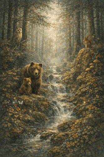 Waldwächter – Bärenfamilie Wald-Wandkunst