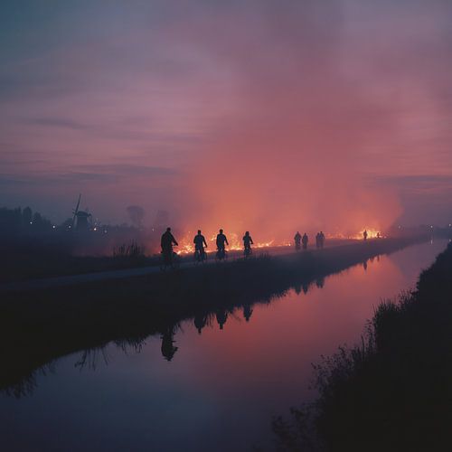 Cyclists Along the Fire at Dusk