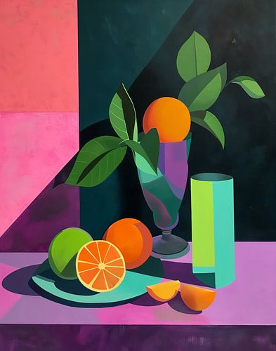 Neon still life of oranges and a lime