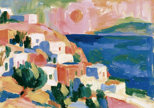 Mediterranean coastal landscape with a pink sunset by Niklas Maximilian