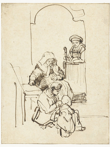 Drie vrouwen en een kind bij een huisdeur, Rembrandt van Rijn