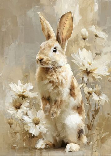 Schattig konijn met madeliefjes - olieverfschilderij