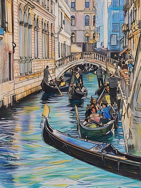 Gondels in het kanaal van Venetië van Sergio Pazzano
