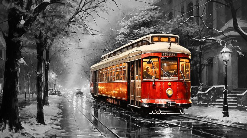 alte rote Straßenbahn in einer winterlichen Stadt von Animaflora PicsStock