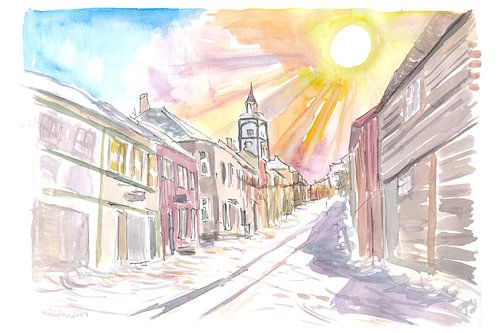 Scène de rue hivernale à Røros en Norvège