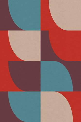 Geometrische retro kunst. Abstracte vormen in rood, aubergine, lichtblauw.