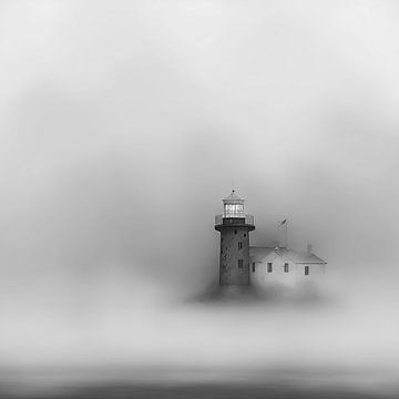Vuurtoren eenzaam in de mist, zwart wit van Carla van Zomeren