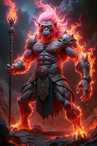 Dark Fantasy Gothic Wall Art: PYRIMAKH - The Burning Monkey King with His Magical Staff