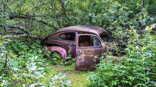 A discarded Volvo PV 444 'Katterug' in the forest near Bastnas, Sweden