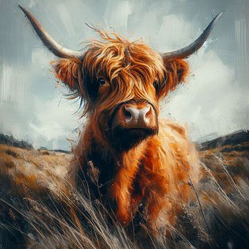 Abstract portret van een Schotse Hooglander aquarel schilderij van Jessica Berendsen