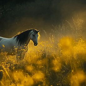 Spring Watcher - Das weiße Pferd im Blumenfeld von Karina Brouwer