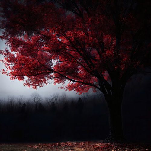 Karmozijnrode boom in schaduw en mist