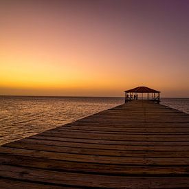 Geel met paarse zonsondergang op de pier aan het strand van Reis Genie