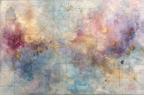 Violet lila abstract schilderij met goud en blauw