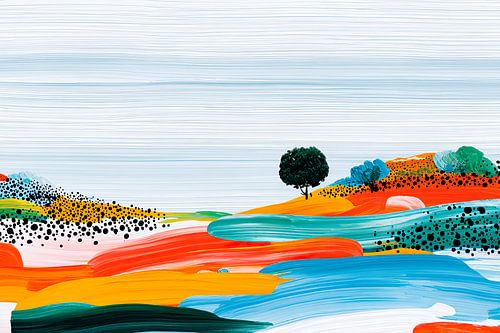 Abstract landscape with a lake and areas of bright colour