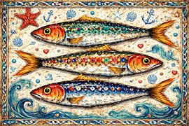 colourful sardines against a nautical backdrop by Claudia Gründler