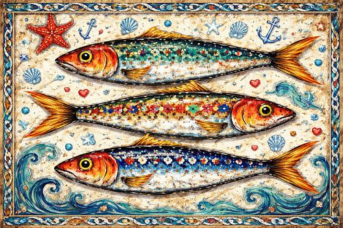 kleurrijke sardines tegen een nautische achtergrond