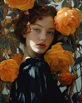 Portret "Roses" in oranje, groen en blauw van Carla Van Iersel